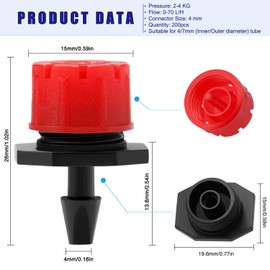 VooGenzek Plastic Micro Flow Adjustable Irrigation Dripper Sprinkler, 8-Hole Anti-Clogging Emitter for Garden, Lawn, Red, Pack of 200