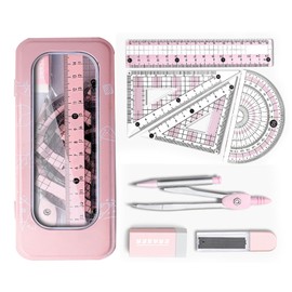 8PCS Maths Set Geometry Set for Secondary School Protractor and Compass Set School Stationery Supplies with Metal Box Prevent Myopia Clear Dual Color Kids Drawing School Mathematic (Pink)