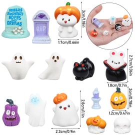 FINGOOO 40 Pcs Halloween Resin Ornament, Halloween Tableware Assorted Pumpkin, Ghost, Tomb, Skeleton, Black Cat, Vampire Cat for Mini Display Home Decor