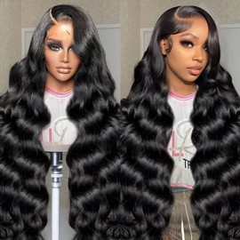 34 Inch 13X6 Lace Front Wigs Human Hair Body Wave Lace Front Wigs Human Hair 200 Density Pre Plucked HD Frontal Wigs Human Hair Glueless Wigs Body Wave Wigs Human Hair for Women Natural Black