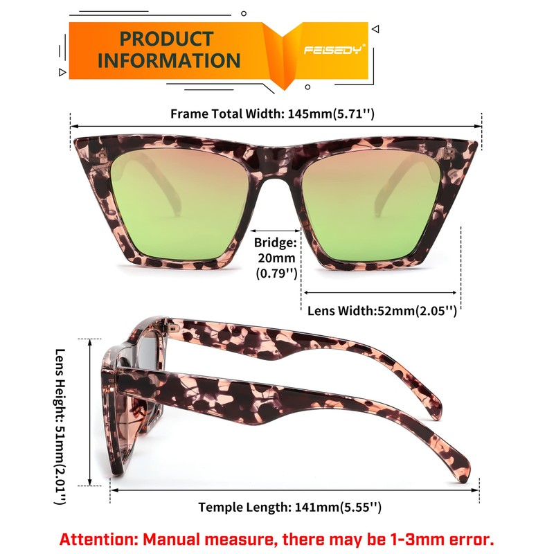 FEISEDY Sunglasses Womens Trendy, Vintage Square Cat Eye Sun Glasses,