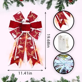 ABTOLS 2PCS Christmas LED Wreath Bows, Red Velvet Bows for Wreath Rustic Farmhouse Bows for Front Door Winter Red Bows Christmas Glitter Deer Tree Bows for New Year Indoor Outdoor Xmas Decor