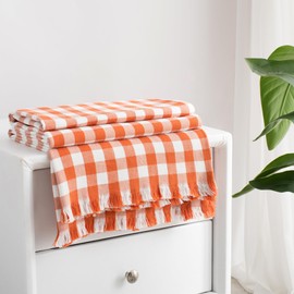 CloudDwelling 100% Cotton Throw Blanket Plaid Soft Lightweight Cozy Farmhouse Tassels Summer Thin Breathable Throws for Couch Sofa Bed (50" × 60" Orange)