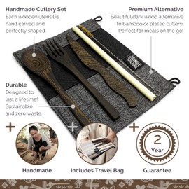 Jungle Culture® Wiederverwendbares Reisebesteck-Set • Alternative zu Bambus Besteck • Umweltfreundliches Besteck Set für Unterwegs & Picknick, Holzbesteck, Messer Gabel, Strohhalm, Jutebeutel in Grau