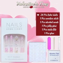 Extra Long Press on Nails Valentines Day Coffin Fake Nails，Pink Nude False Nails French Tip Glue on Nails Butterfly Flower Rhinestone zebra-stripe Acrylic Nails Cute Glossy Stick on Nails for Women