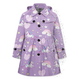 Betusline Girl's Hooded Rain Jackets Lightweight Print Waterproof Trench Coat Windbreaker Raincoats for Girls,Waterproof-Print Purple,7-8 Years