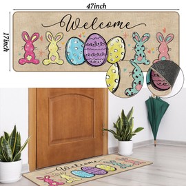 Tinideya Easter Bunny Doormat, Seasonal Spring Home Kitchen Decor Low Profile Switch Rabbits Rug Non Slip Easter Eggs Floor Mats for Front Door Indoor Outdoor 17x47 Inch