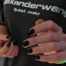 Uñas Postizas Negras de Presión, Tamaño Mediano, Forma de Ataúd, Cobertura Completa, Puntas de Uñas Postizas, Longitud Media, Uñas Acrílicas Largas, G