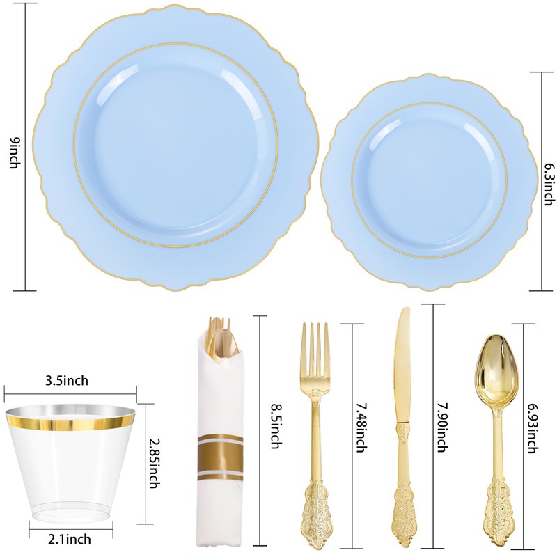 Liacere 175PCS Bule Plastic Plates - Disposable Ligh Bule and