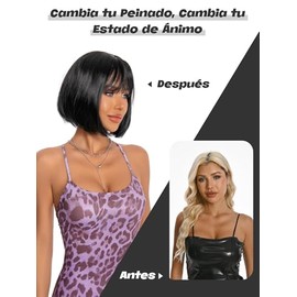 Pelucas Corta de Bob para Mujer con Flequillo (12’’/30cm, Negro)