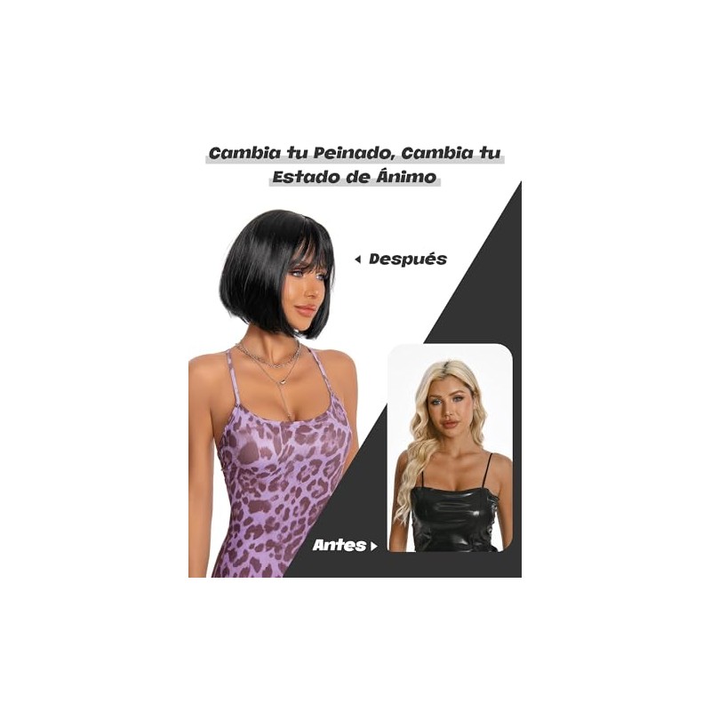 Pelucas Corta de Bob para Mujer con Flequillo (12’’/30cm, Negro)