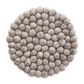 Global Crafts Hand Crafted Felt Ball Wool Trivet Mat from Nepal, 8" Round Pad, Light Grey