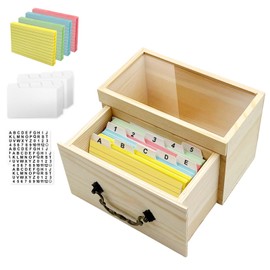 Daily Treasures Wooden Index Card Box Set,200 Coloured Flash Cards(5"X3") &10 Card Dividers&2 Stickers Labels,Indexcard Organiser with Clear Top,Pull-Out Drawer Design for Study/Office/School Supplies