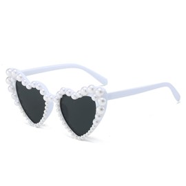 Pearl Sunglasses for Women, White Peal Glasses Vintage Love Heart Shaped Sunglasses for Women Girls Adults Dress up Party