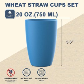 Wrova unbreakable wheat straw cups 20oz set of 6 with textured pattern anti slipping,big plastic drinkings cups microwave safe and dishwahser safe. Yellow-Orange-Blue