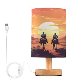 Qilmy Bedside Table Lamp with USB Port -Western North American Cowboy Nightstand Lamp with Flaxen Fabric Shade for Living Room, Dorm, Home Office (LED Bulb Included)