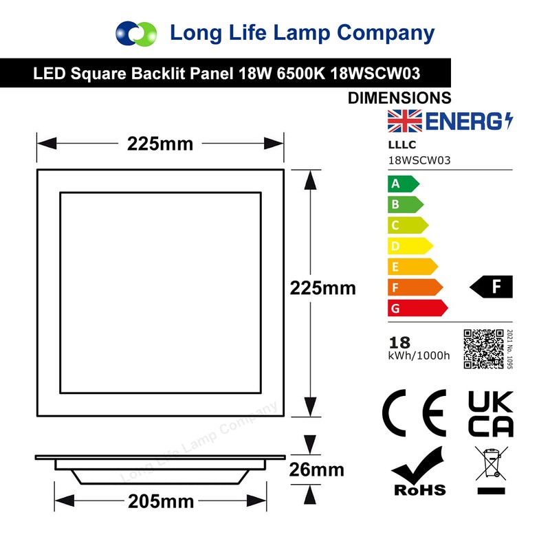 Recessed LED Ceiling Panel Light Square 18w Cool White 6500k
