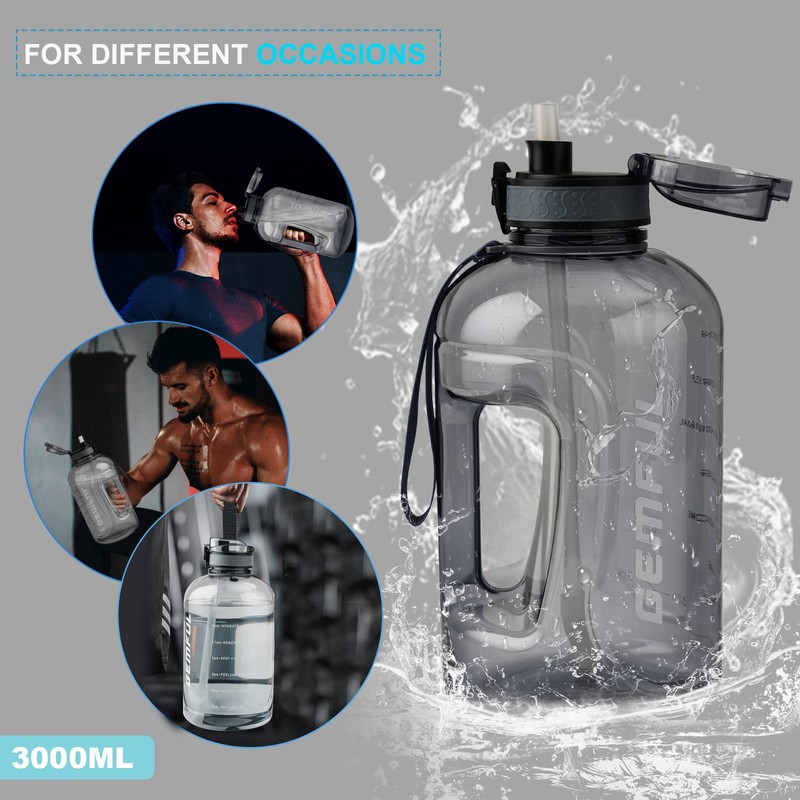 GEMFUL 3 Liter Water Bottle with Straw Time Marker Large