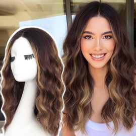 AISI HAIR Highlights Brown Wig for Women Medium Length Wave Curly Glueless Synthetic Heat Resistant Hair Wigs for Daily Party Cosplay