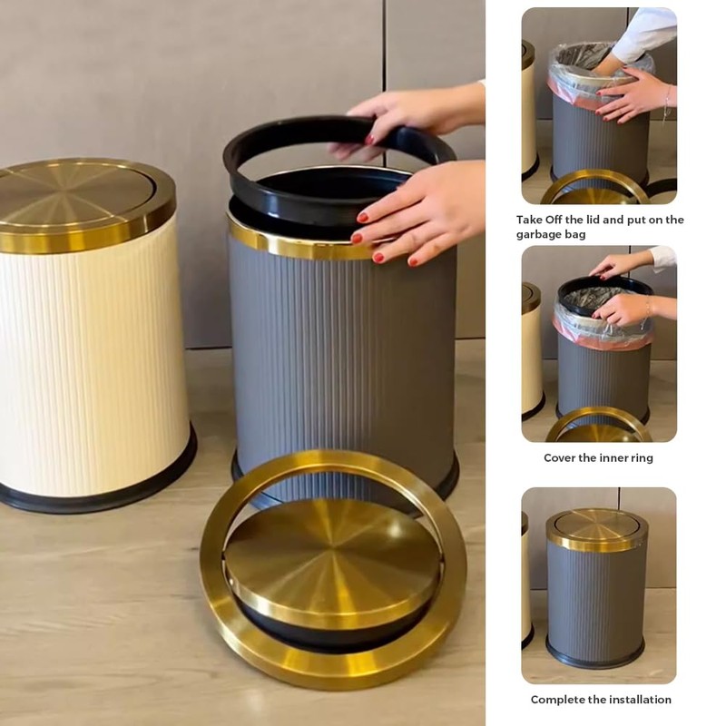 LEASYLIFE 15L/4Gal White Gold Bathroom Trash Can,Bathroom Garbage can with