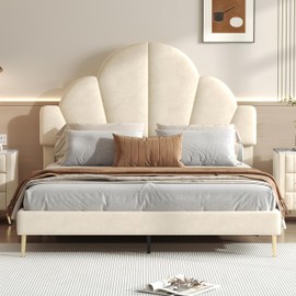 Queen Size Upholstered Bed Frame with Elegant Design, Modern Velvet Platform Bed with Petal Shape Headboard,Beige