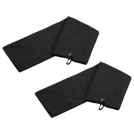 YOKIVE 2 Pcs Tri-Fold Golf Towels, Golf Club Waffle Pattern Towels with D Clip for Golf Balls Lovers (Black, 12x12-Inch)