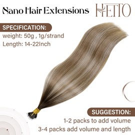 Hetto Balayage Nano Ring Hair Extensions Real Human Hair Nano Hair Extensions Ombre Dark Brown to Light Brown with Medium Blonde Nano Beads Human Hair Extensions Straight 50g #3/8/22 14Inch 50S
