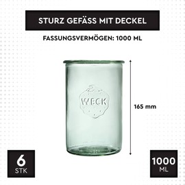 Weck Cylindrical Glass 1000 ml Pack of 6 | Glass with Lid | For Preservation, Juices, Airtight Storage of Dry Ingredients