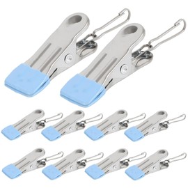 fogman Stainless Steel Clothespins Anti-Slip Rubber Pinch Hanger Improved Set of 10 (Light Blue, Hook Included)