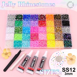 40000Pcs 40 Colors Jelly Rhinestones for Bedazzling, 3mm Multicolor Resin Flatback Gems for Diamond Art, Bedazzler Kit with 3Pcs 10ml B7000 Jewelry Glue for Crafting Book Shoes Nail Art