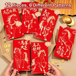 12 Pack 2026 Chinese New Year Red Envelopes with Gold Horse Design, Traditional Lucky Money Packets Hongbao for Spring Festival and Lantern Festival