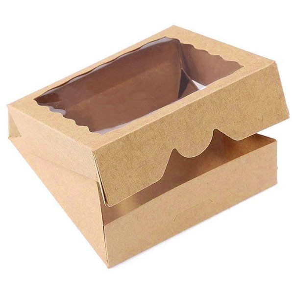 ONE MORE 9inch Brown Bakery Pie Boxes,Large Kraft Cookie Boxes with PVC Window Natural Disposable box 9x9x2.5inch,12 of Pack