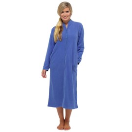 Lady Olga Ladies Soft Fleece Long Dressing Gown Sizes UK 10 to 28 Robe Zip Front Pockets (18/20, Blue)