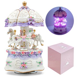 AttoShow Carousel Music Box，Luxury Color Change LED Light Music Box,Luminous Rotating 3-Horse Musical Box with Gift Box for Girls Birthday Valentine Gift (Castle in The Sky, Purple)