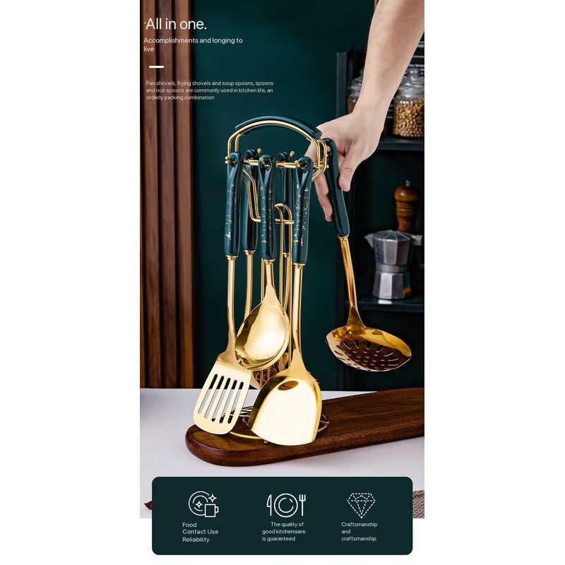 Luxury Gold Kitchen Utensils Set, 7-Piece Ceramic Handle Cooking Tools