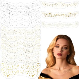 12Pcs Tatuajes Temporales de Pecas+3Pcs Clavícula Temporales de Glitter Dorada Plateado, Cara Glitter Parches de Maquillaje Impermeable, Tatuajes Temporales para Mujer Festivales y Fiestas