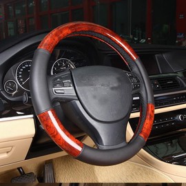 Xihaoer Wood Grain Effect Leather Steering Wheel Cover Wooden for Men 38 cm (Black)