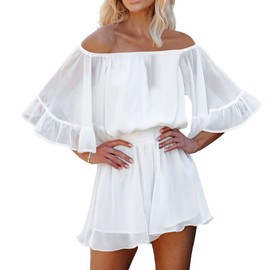 Pink Queen Women's Strapless Boho Jumpsuit Mini Dress Ruffle Romper Off Shoulder, White