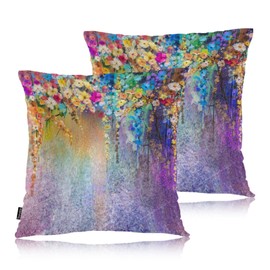Swono Set of 2 Decorative Throw Pillow Covers Ivy Flowers, Abstract Blossom Floral Farmhouse Pillowcases Accent Pillow Cushion Cover for Couch Sofa Bed Office Armchair 18 X 18 Inch, Rainbow Purple