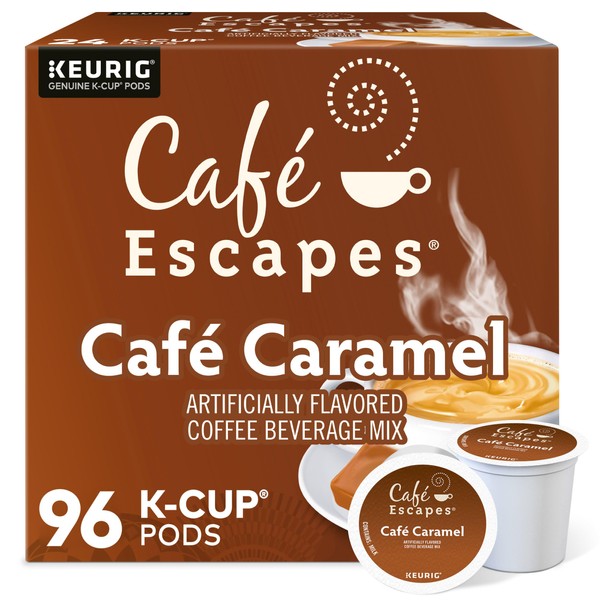 Cafe Escapes, Cafe Caramel Coffee Beverage, Single-Serve Keurig K-Cup Pods, 96 Count (4 Boxes of 24 Pods)