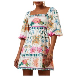 SOLY HUX Women's Floral Print Dress Square Neck Puff Sleeve A Line Short Boho Summer Dresses Multicoloured Floral Large
