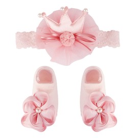2pcs Baby Girl Lovely Socks with Headband Set Newborn Flower Bowknot Crown Lace Headwear + Princess Cotton Socks Set Christening Ceremony Shoes Anti-Slip Soft Sole Gift for Baby Girl 1-3 Years Old