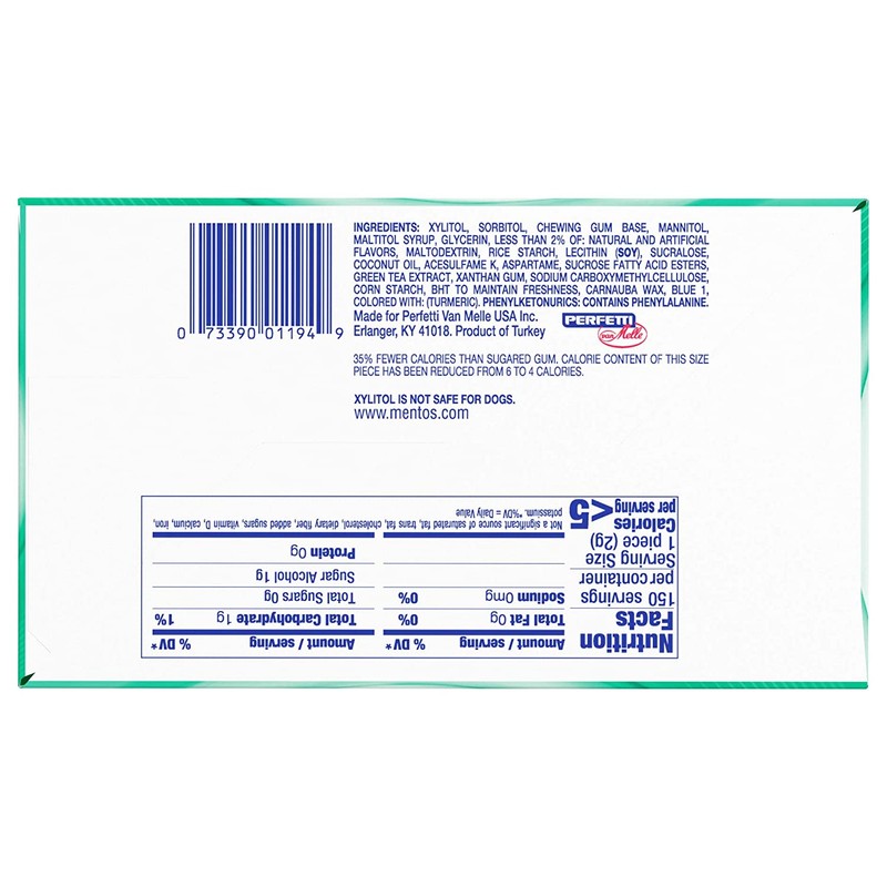 Mentos Pure Fresh Sugar-Free Chewing Gum with Xylitol, Spearmint, 15
