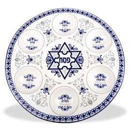 Zion Judaica Porcelain Seder Plate 13.5" Round Seder Tray with Byzantine & Fleur De Lis Designs 6 Sectional Passover Plate with Hebrew & English Markings Dishware for Passover Celebration