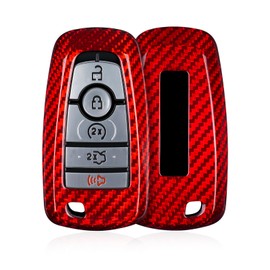 T-carbon Key Fob Cover Fits Ford Bronco with Keychain;Real Glass Fiber Key Case Shell Holder Protector Fits Ford F-150 Raptor Explorer Ranger Bronco Sport 2024 Smart Remote Keyless Accessories RED