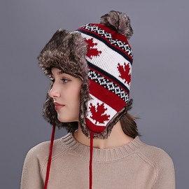 Women Knit Beanie Earflap Hat Xmas Winter Warm Ushanka Trapper Aviator Hat Fleece Lined Snow Ski Cap with Pompom