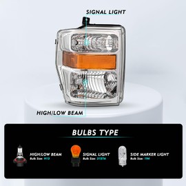 TUSDAR Headlight Assembly Set for 08 09 10 Ford F-250 F-350 F-450 F-550 Super Duty Driver Passenger Side (Chrome Housing with Amber Reflector)