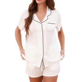 ZMJ Pajama Sets for Women 2 Piece Silk Satin Lounge Sets Short Sleeve Top and Shorts Pj Set Button Down Sleepwear Outfits White, XL