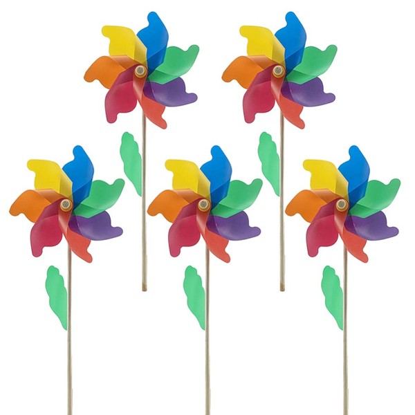 TOYANDONA 5PCS Wind Spinners, 4.7 inch Rainbow Wooden Pole Windmill Pinwheel Spinner Decoration for Kids, Party or Garden