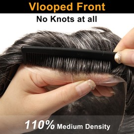 BEEOS 0.08mm Thin Skin Toupee for Men, #1B50 Hair System for Men 110% Medium Density 8x10 Inch, Human Hair Mens Toupee Natural Black with 50% Grey